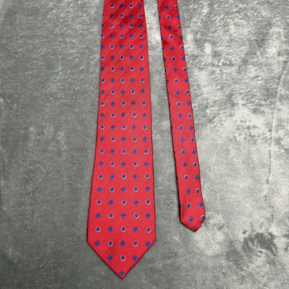 LandsEnd XL Mens Silk Tie Red Blue Geometric Diamond Handsewn USA 62" Extra Long